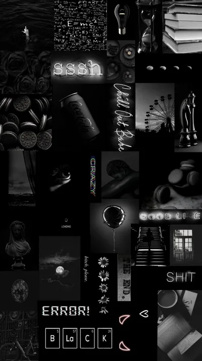 Dozens of small monochrome cut-outs — books, a perfume bottle, a car — packed edge to edge, with the word BLACK spelled out at the base.