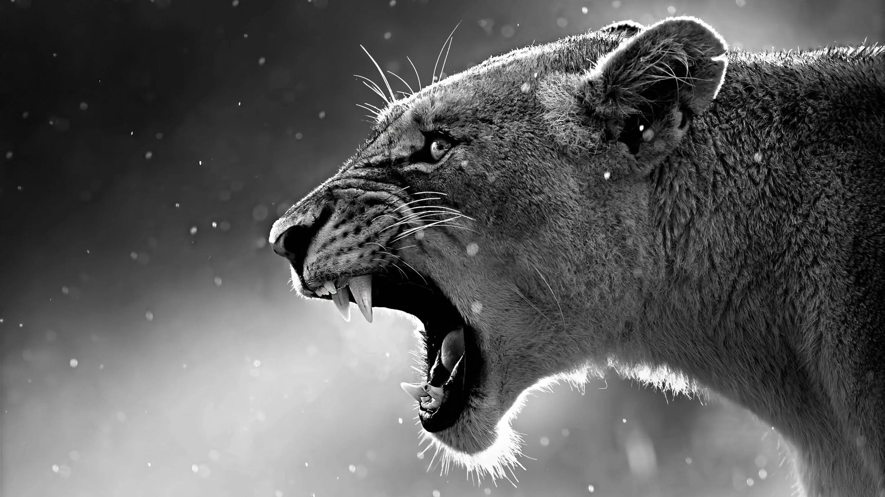 A lioness roars in profile against a snow-flecked grey field, canine teeth and whisker fur sharp in monochrome, the left side of the frame left empty.