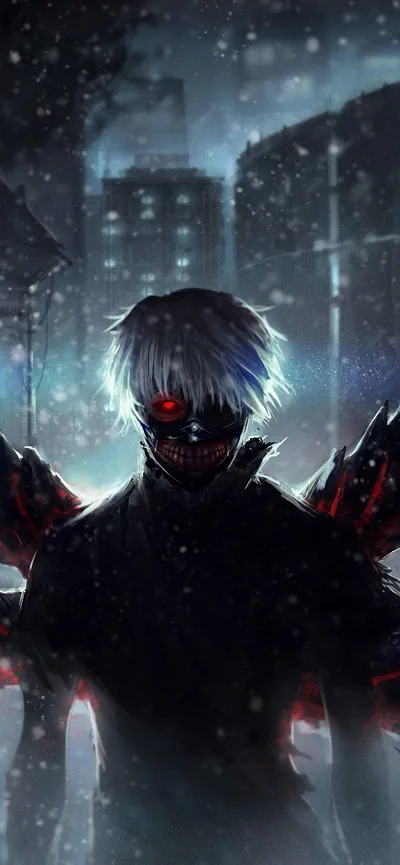 Kaneki stands mid-transformation in falling snow, red kagune flaring behind his white hair, the night city's blues keeping the whole frame dark.
