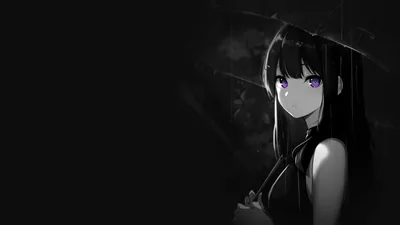 Long dark hair against a grey wall, violet eyes the single point of colour, the left third of the frame given over to flat black.