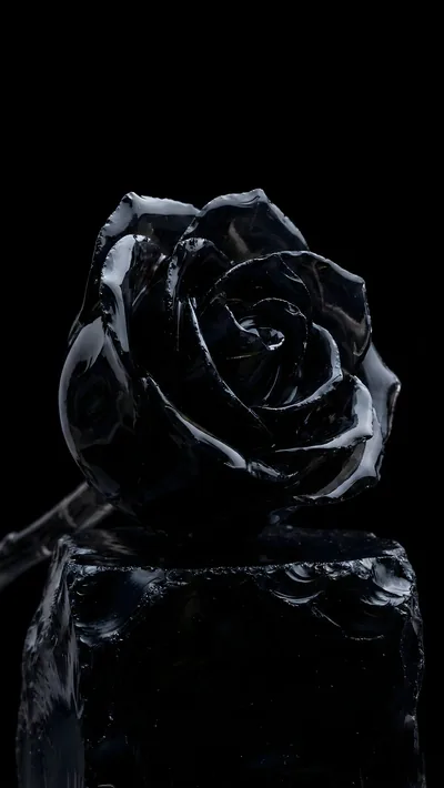 A glossy black rose carved from obsidian sits on a rough cut base, one highlight running down the outer petals against a pure black field.