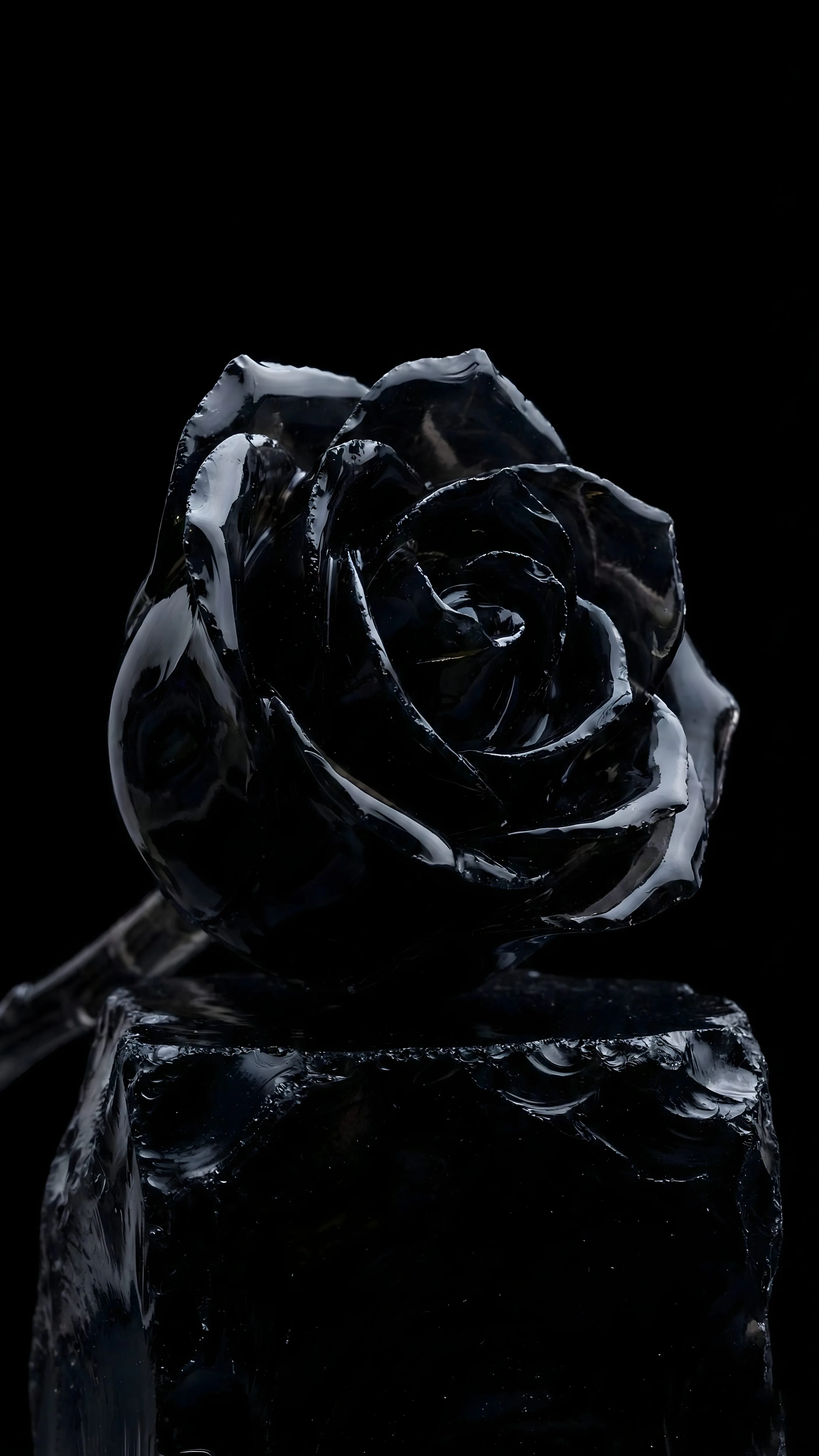 A glossy black rose carved from obsidian sits on a rough cut base, one highlight running down the outer petals against a pure black field.