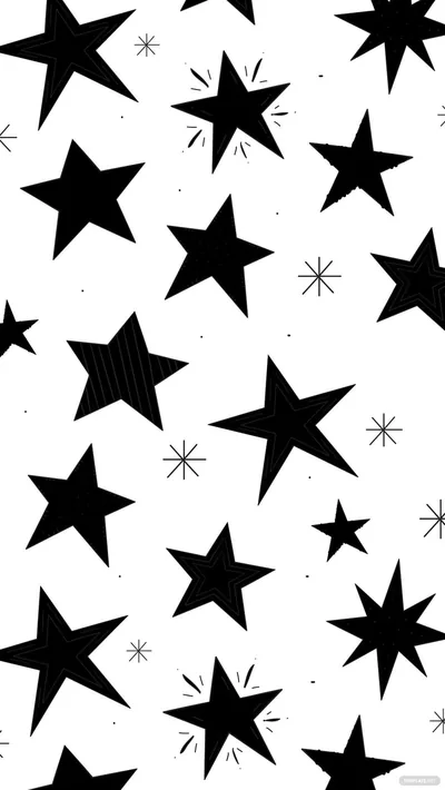 Chunky black five-point stars and small asterisk sparkles sit on clean white, an inverted take on the usual night-sky pattern.