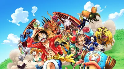 The full pirate crew running forward in bright colour, a dragon and clouds behind them, the reindeer doctor front and centre.
