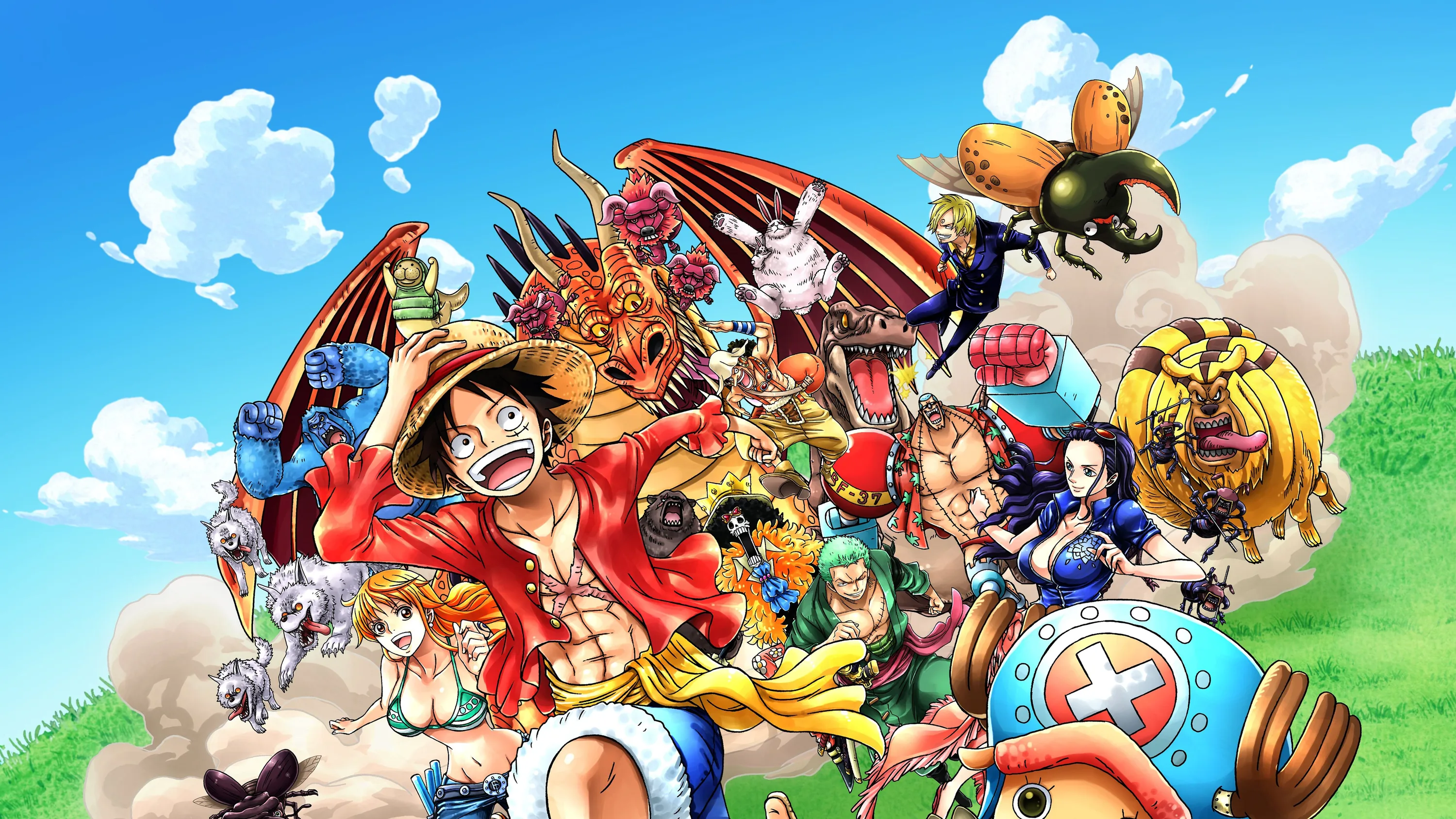 The Straw Hat crew piles into one colourful scene above rolling green hills, a red dragon and half the cast crowding the blue sky.