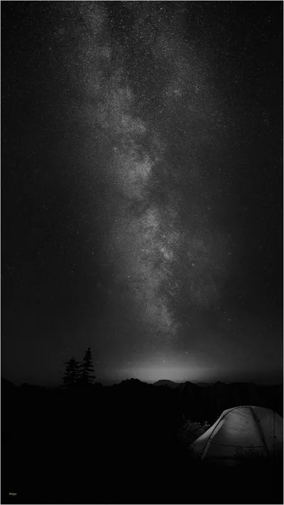 A small tent glows in the bottom right corner while the Milky Way runs straight up the black-and-white sky above the treeline.