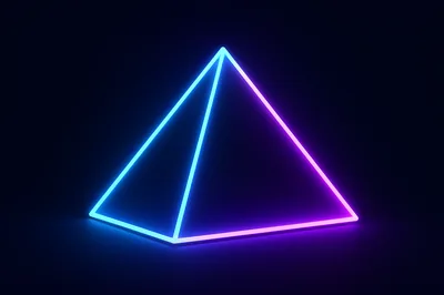 A 3D pyramid outlined in neon shifts from cyan on the left edge to violet on the right, its glow pooling on a near-black floor for OLED screens.