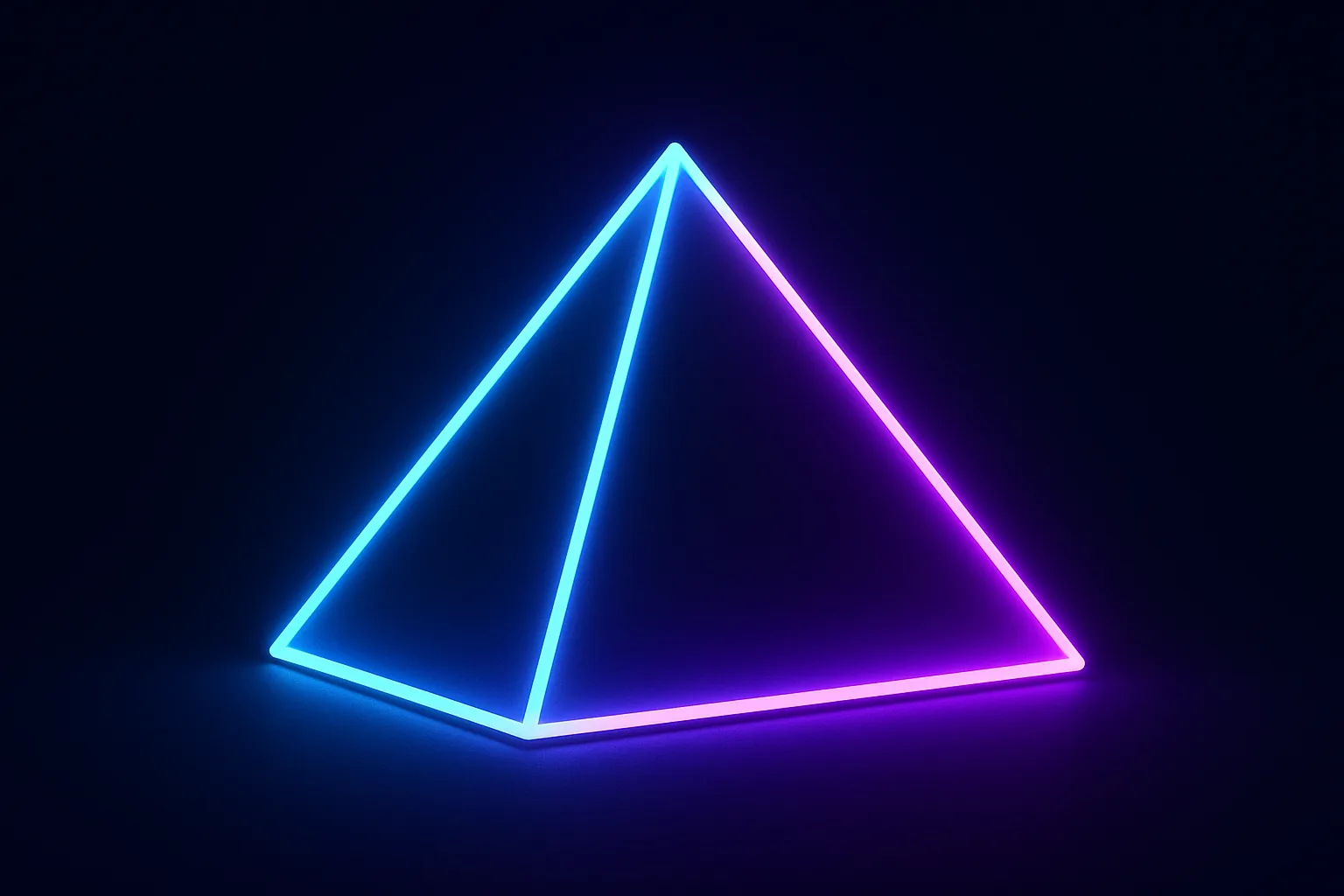 A 3D pyramid outlined in neon shifts from cyan on the left edge to violet on the right, its glow pooling on a near-black floor for OLED screens.