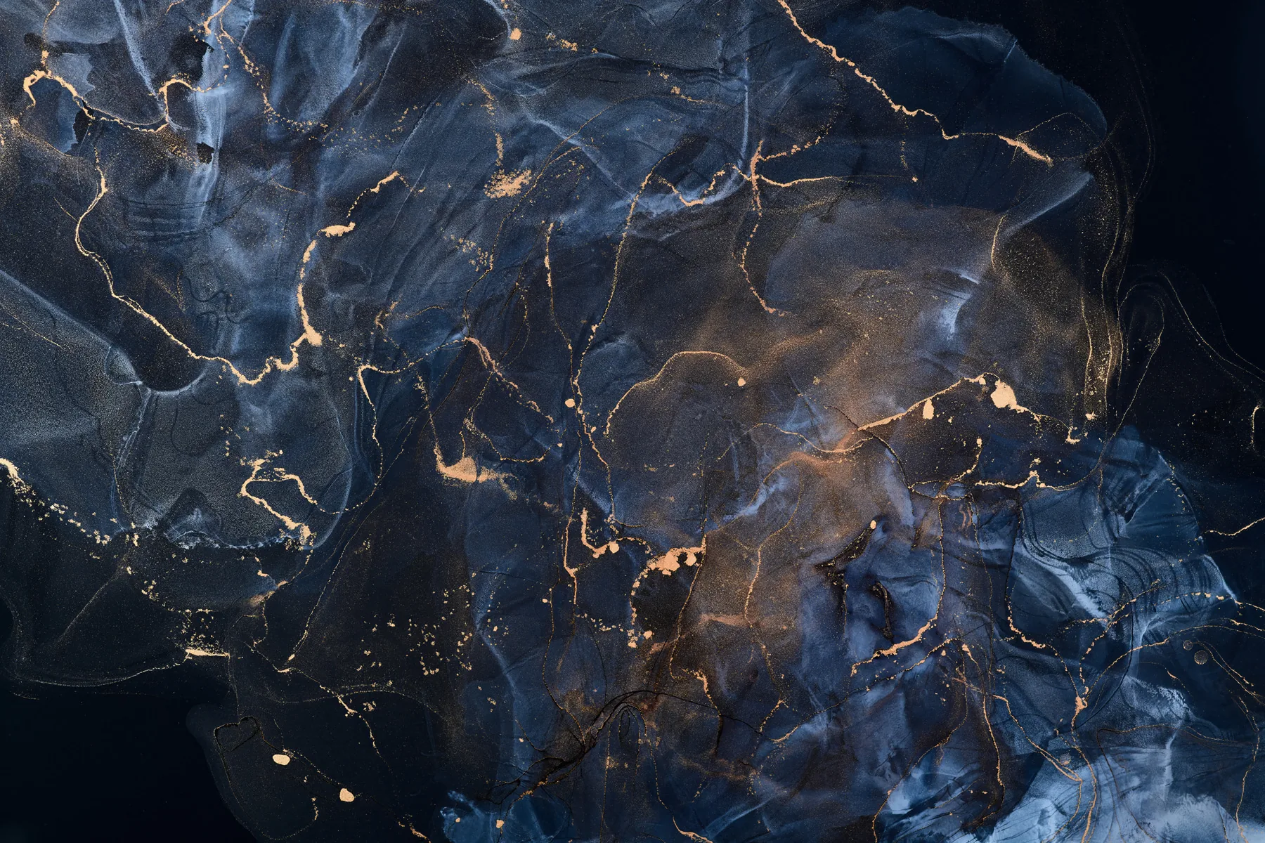 Wisps of steel blue ink drift across black like smoke, dotted with tiny gold flecks, leaving the upper right corner clear for a phone clock.