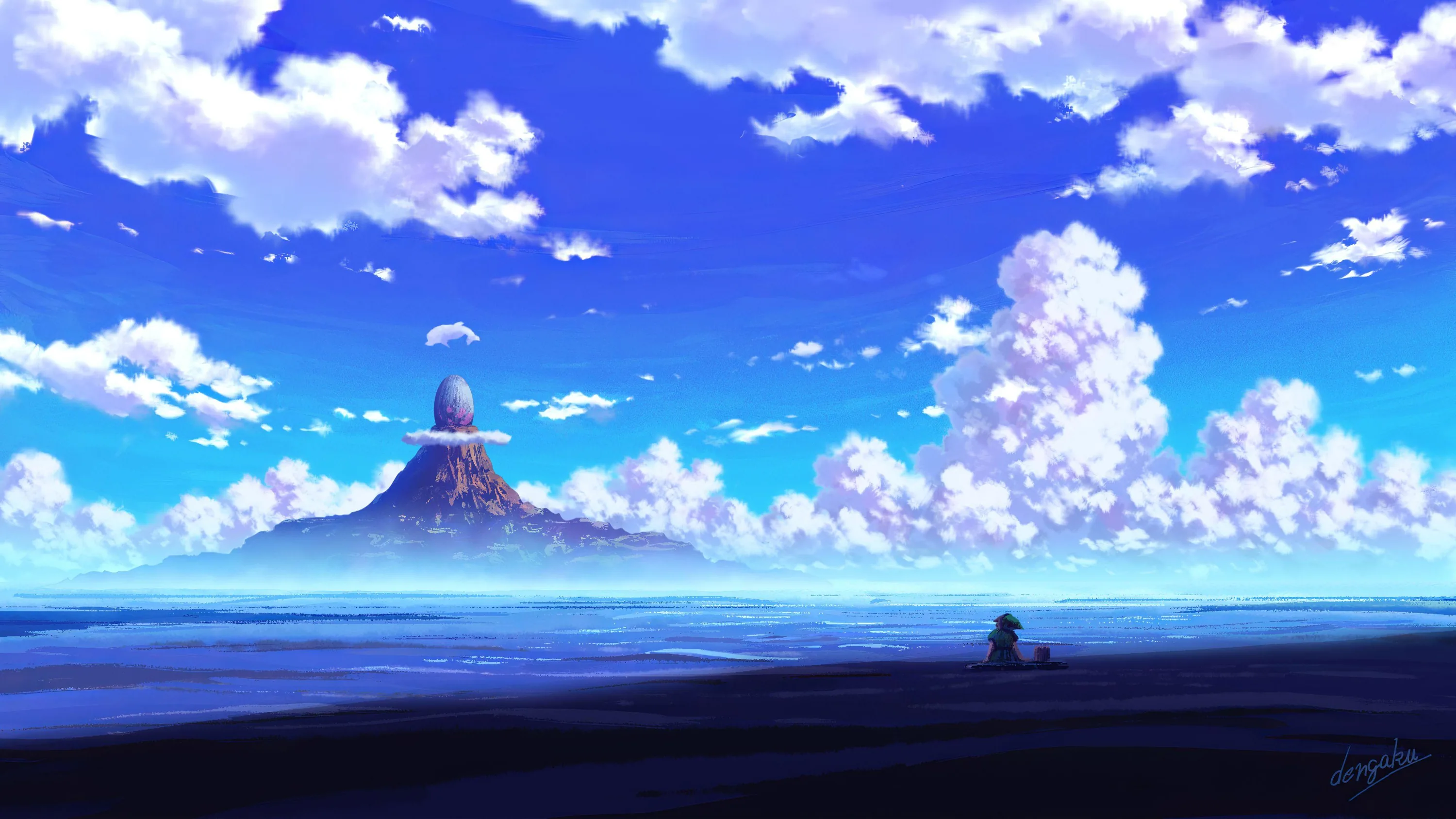 A lone walker crosses the dark shore toward a steep island crowned with a white summit, cumulus clouds stacked along the horizon.