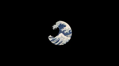 The famous cresting wave trimmed to a circle so only its foam and blue curl show, floating in an otherwise empty black frame.