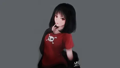 Short black bob and red eyes, a finger at her lips, red tee with a white skull print, painted loosely on plain grey.