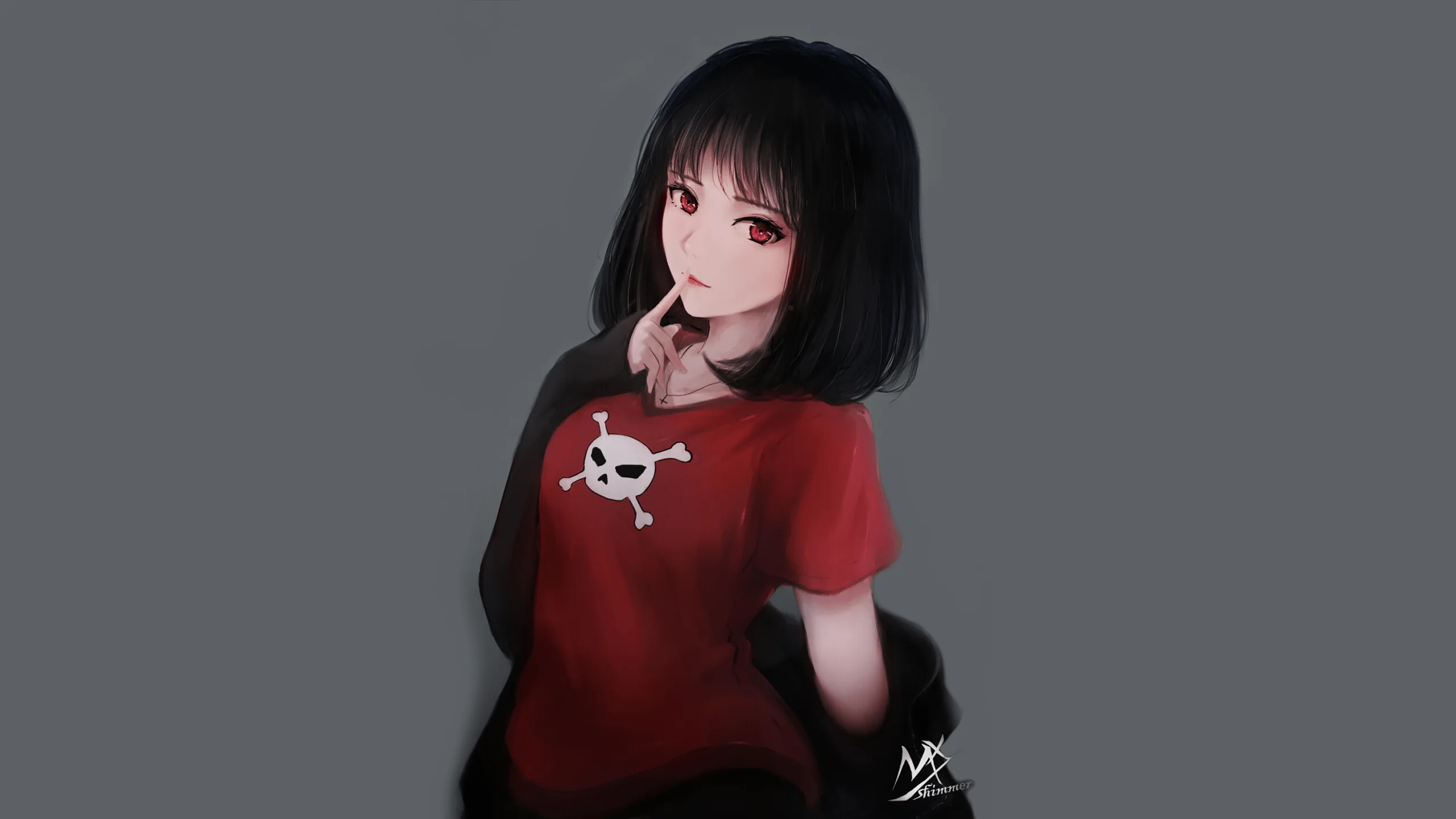 Short black bob and red eyes, a finger at her lips, red tee with a white skull print, painted loosely on plain grey.
