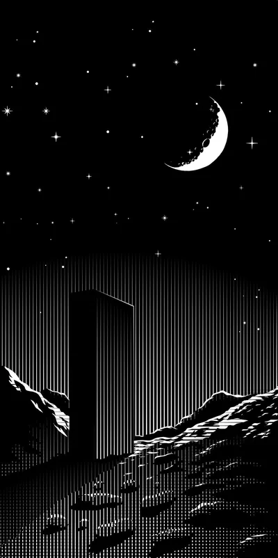 A black monolith rises from rocky ground under a crescent moon, the whole scene etched in fine halftone lines like an old engraving.