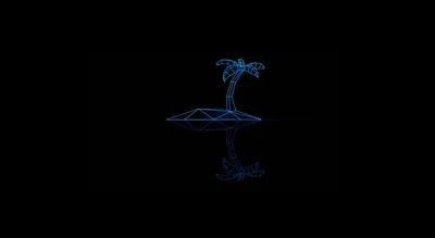 A palm tree and its small island built from glowing blue wireframe lines, mirrored below in a dim reflection.