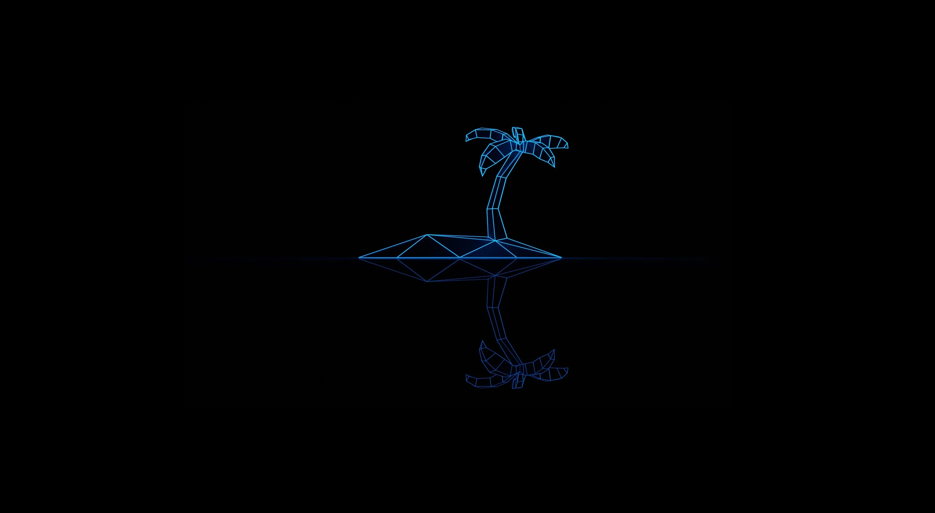 A palm tree and its small island built from glowing blue wireframe lines, mirrored below in a dim reflection.
