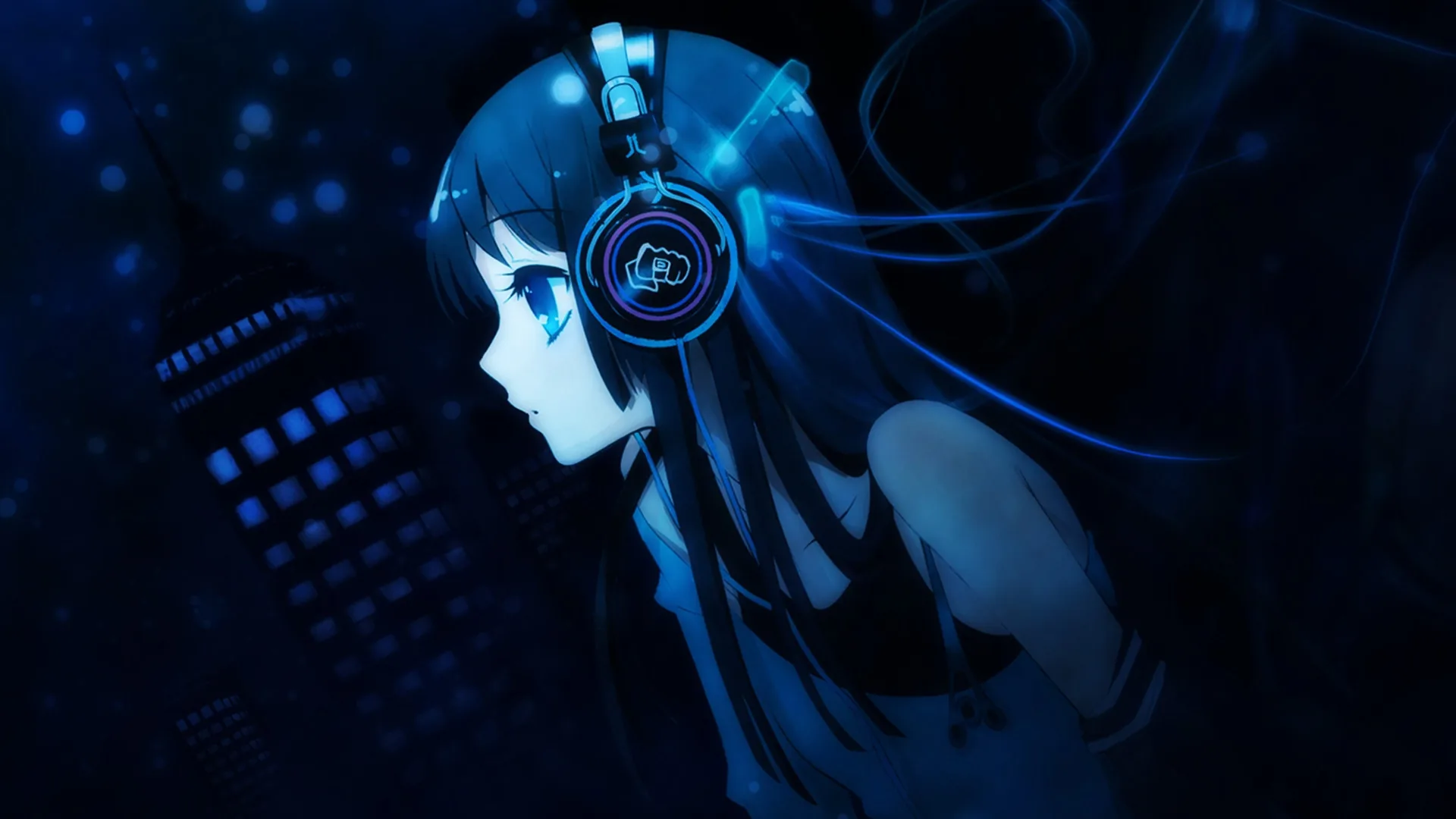 A dark-haired girl in profile wears large headphones in a blue-lit room, glowing equalizer bars blurred out behind her shoulder.