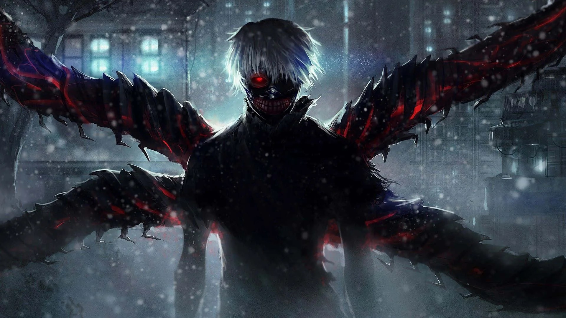 Kaneki stands in a snowbound city street at night, four spiked kagune fanned out behind him, his single red eye the only colour in the gloom.