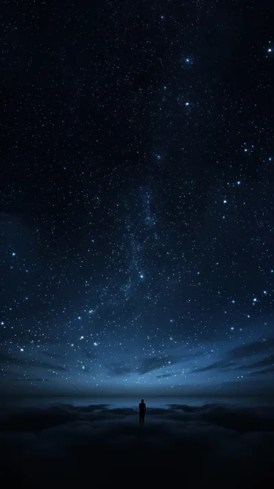 A lone figure stands on dark ground beneath a faint band of stars, almost the whole frame near-black — easy on OLED battery.