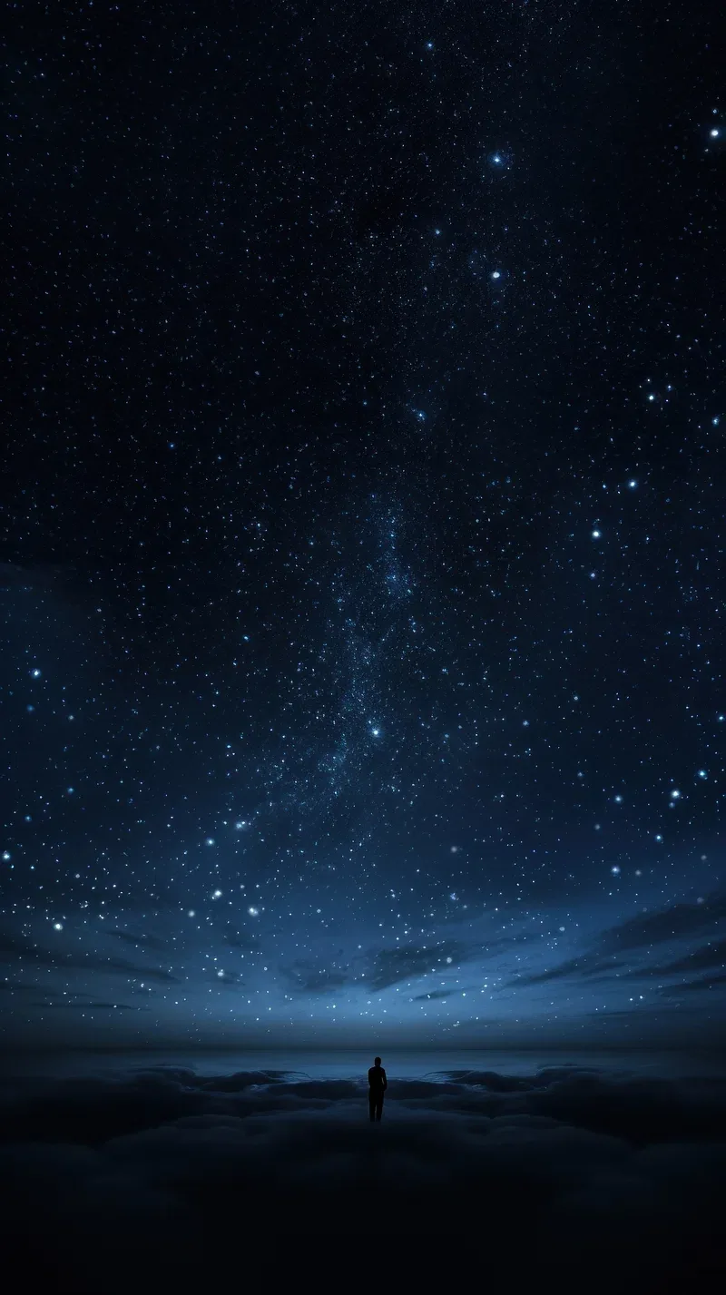 A lone figure stands on dark ground beneath a faint band of stars, almost the whole frame near-black — easy on OLED battery.