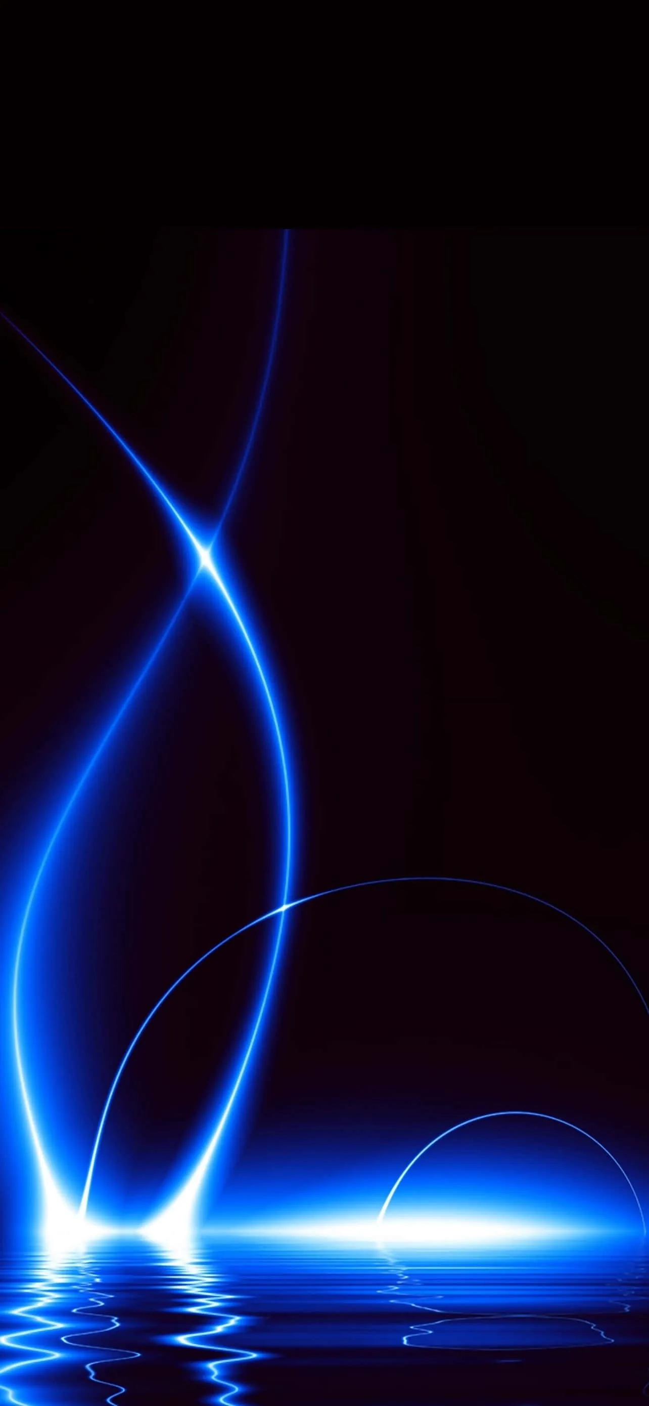 Two curved beams of blue light cross in mid-air and touch down on a rippled surface, the reflection breaking into rings at the bottom.