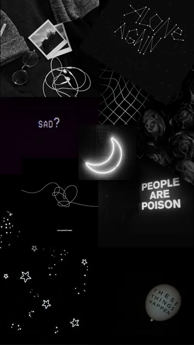 A glowing crescent anchors the middle, a 'people are poison' card beside it and doodled stars scattered through the lower half.