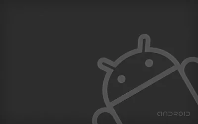 The Android mascot drawn as a thin grey outline on a charcoal background, cropped by the right edge with the wordmark tucked into the corner.