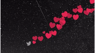 A diagonal trail of pink hearts climbs through a speckled night sky, a tiny bird at the lower left as if pulling them along.