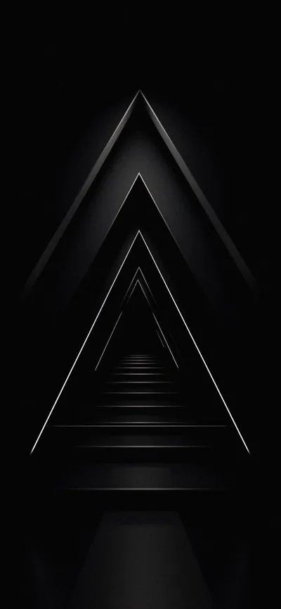 Triangular outlines shrink one inside the next down a tall frame, drawing the eye to a vanishing point at the base.