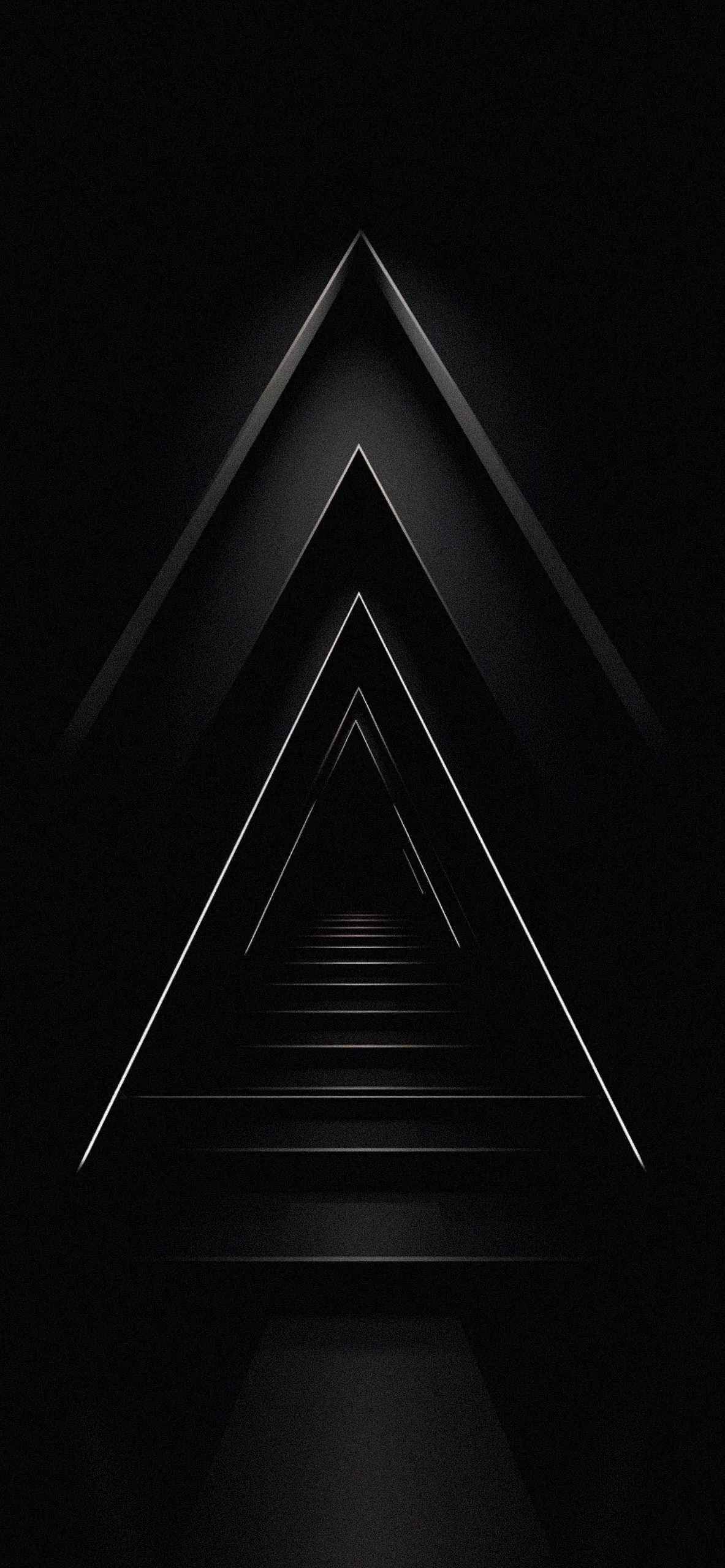 Triangular outlines shrink one inside the next down a tall frame, drawing the eye to a vanishing point at the base.