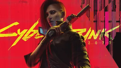 A red-haired merc rests a pistol on her shoulder across the game's scarlet logo art, glitch bands streaking both side edges.