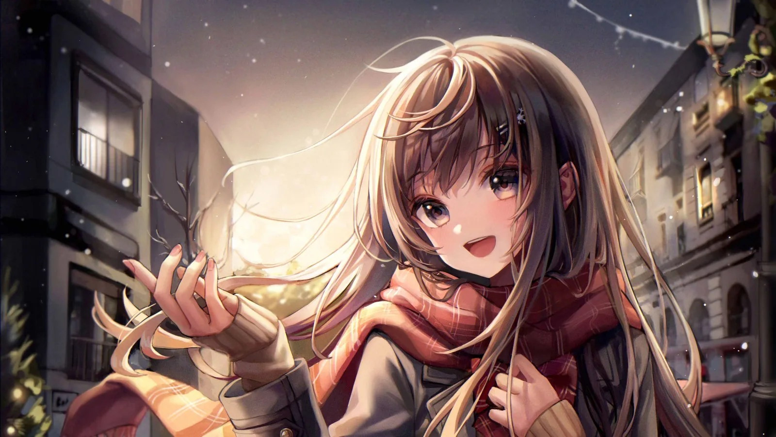Light brown hair catches a warm streetlamp glow as she laughs mid-step, shop windows and falling snow blurred out behind her.
