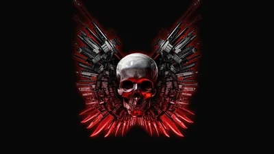 A chrome skull with red-lit eyes sits at the centre of two mechanical wings built from revolvers and rifle barrels, mounted on solid black.