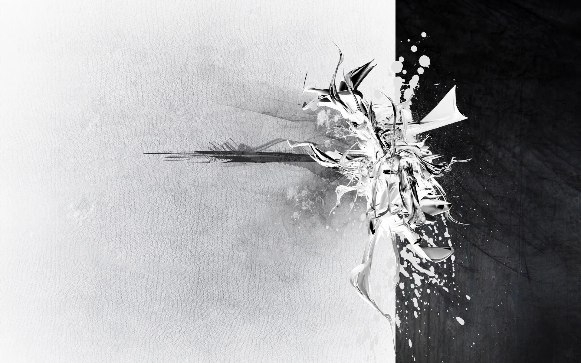 The frame splits down the middle, textured white on the left and deep black on the right, with a spike of shattered fragments blowing out where the two meet.