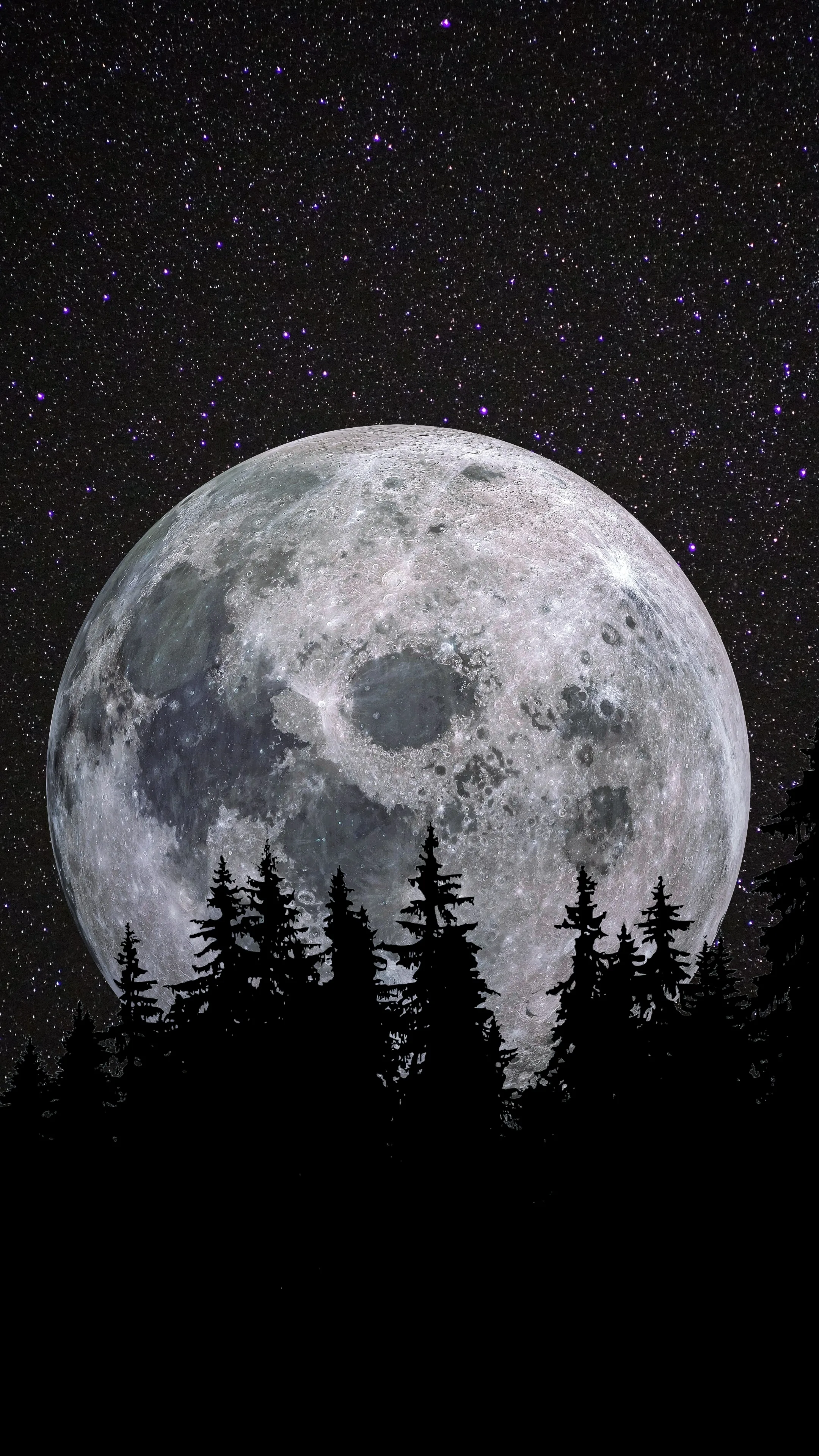 A giant full moon climbs over a jagged line of black pines, stars filling the sky above — the treeline holds the bottom edge, leaving the moon clear of a phone dock.