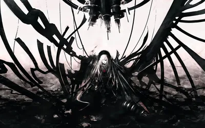 Black limbs fan out like ink strokes from a pale, hollow-eyed figure, a hanging machine silhouetted against the washed-out sky above.