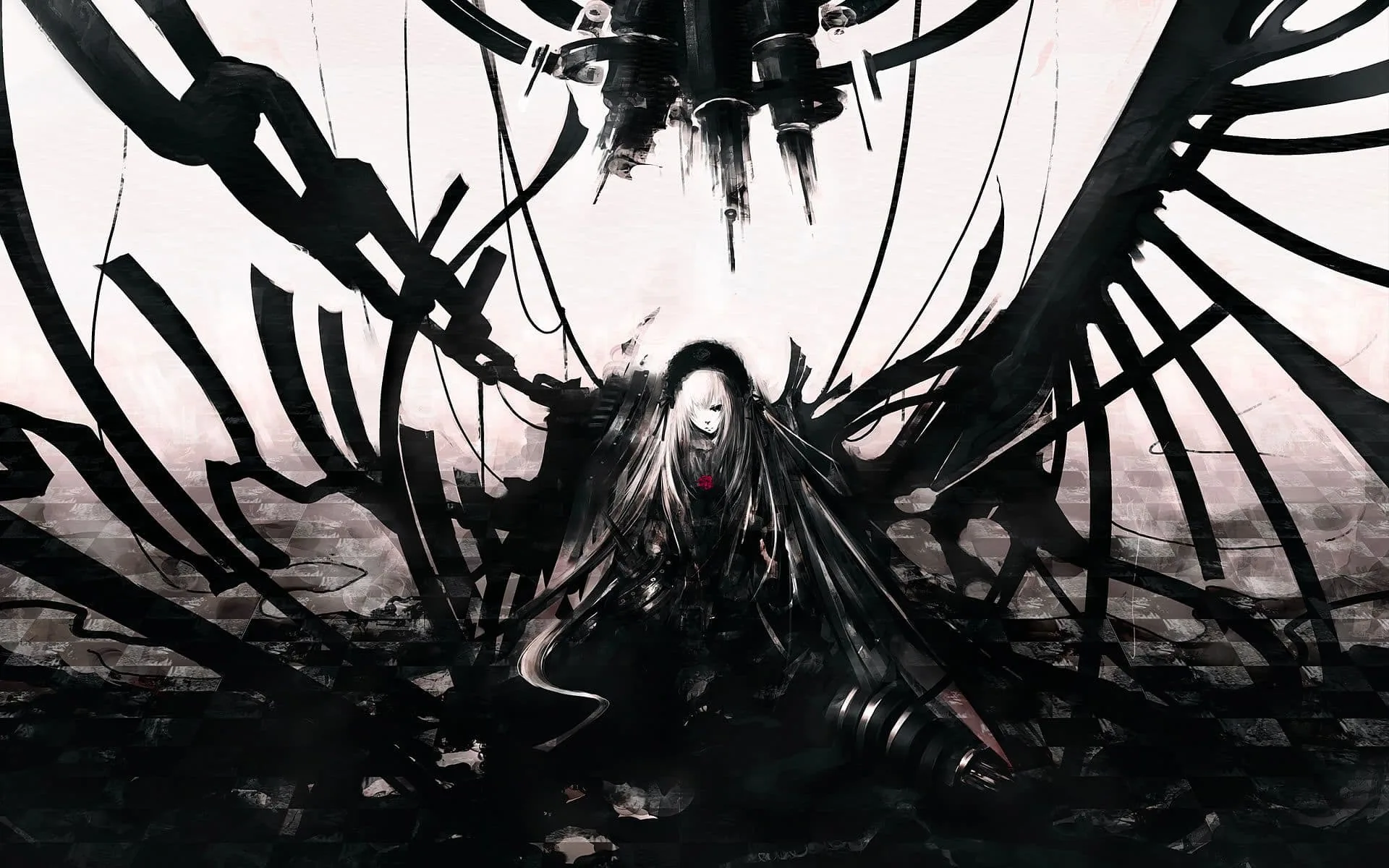 Black limbs fan out like ink strokes from a pale, hollow-eyed figure, a hanging machine silhouetted against the washed-out sky above.
