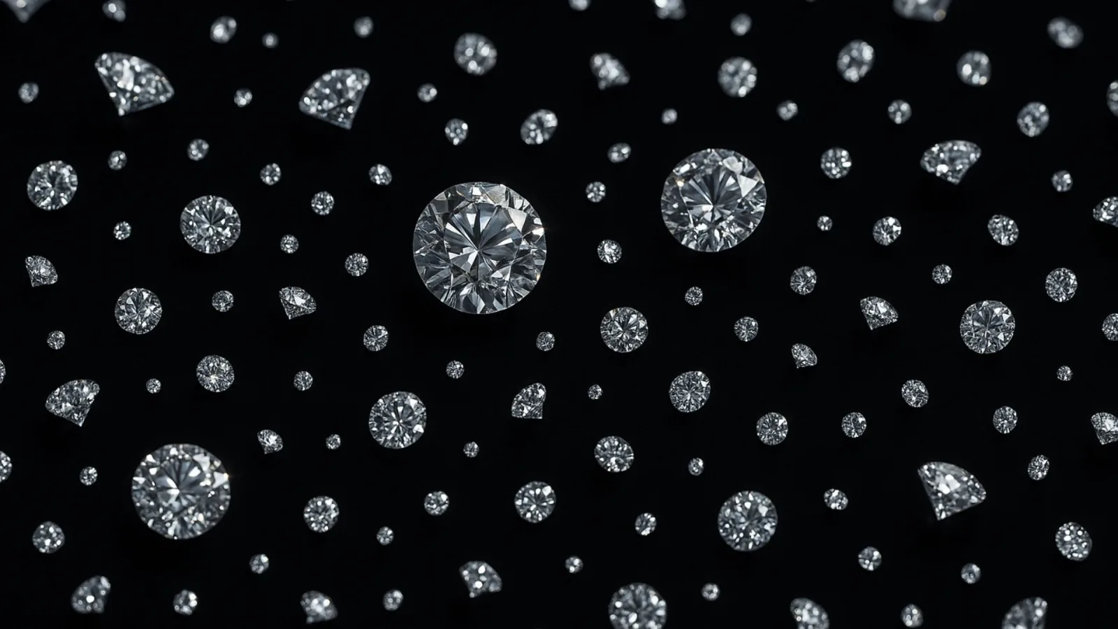 Cut stones of varying size float across a black field, each throwing its own small burst of white sparkle.