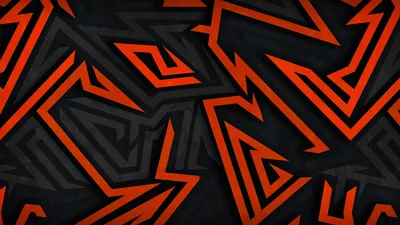 Interlocking arrowheads and maze lines in burnt orange sit on charcoal panels, the pattern repeating right across the frame with no centre.
