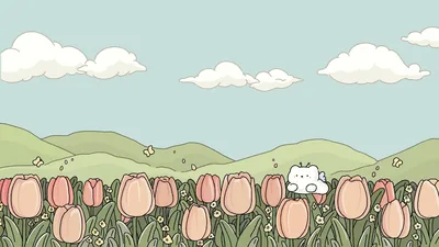 Rows of peach tulips fill the lower third as a small white rabbit peeks out right of centre, the plain cartoon sky above ideal for a clock.