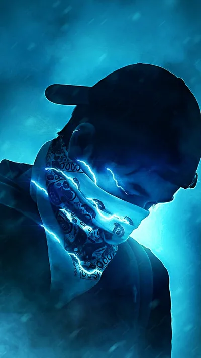 Face turned down under a snapback, the bandana over his mouth crackling with lightning that lights the whole frame ice blue.