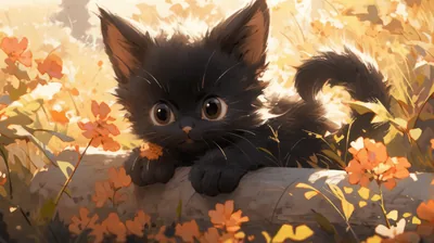 A shaggy black kitten leans over a stone ledge among orange wildflowers, painted in warm daylight that brightens toward the right side.