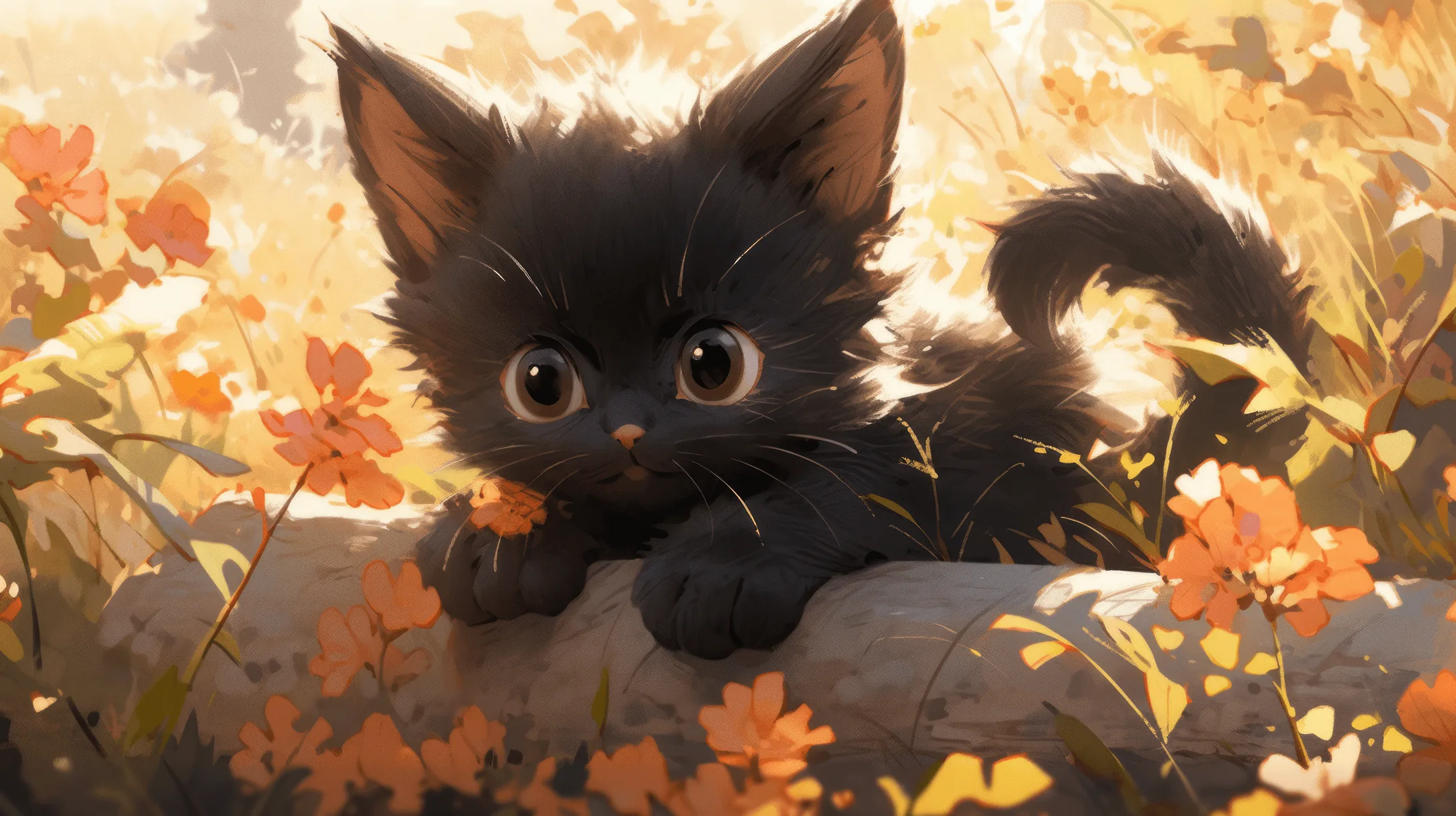 A shaggy black kitten leans over a stone ledge among orange wildflowers, painted in warm daylight that brightens toward the right side.