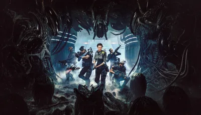 A squad of armed marines stands back to back in a corridor while xenomorphs crowd the walls and ceiling around them.