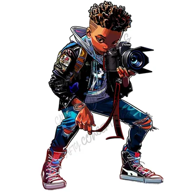 A comic-style boy in a patched leather jacket and ripped jeans crouches with a DSLR raised, cut out on plain white.
