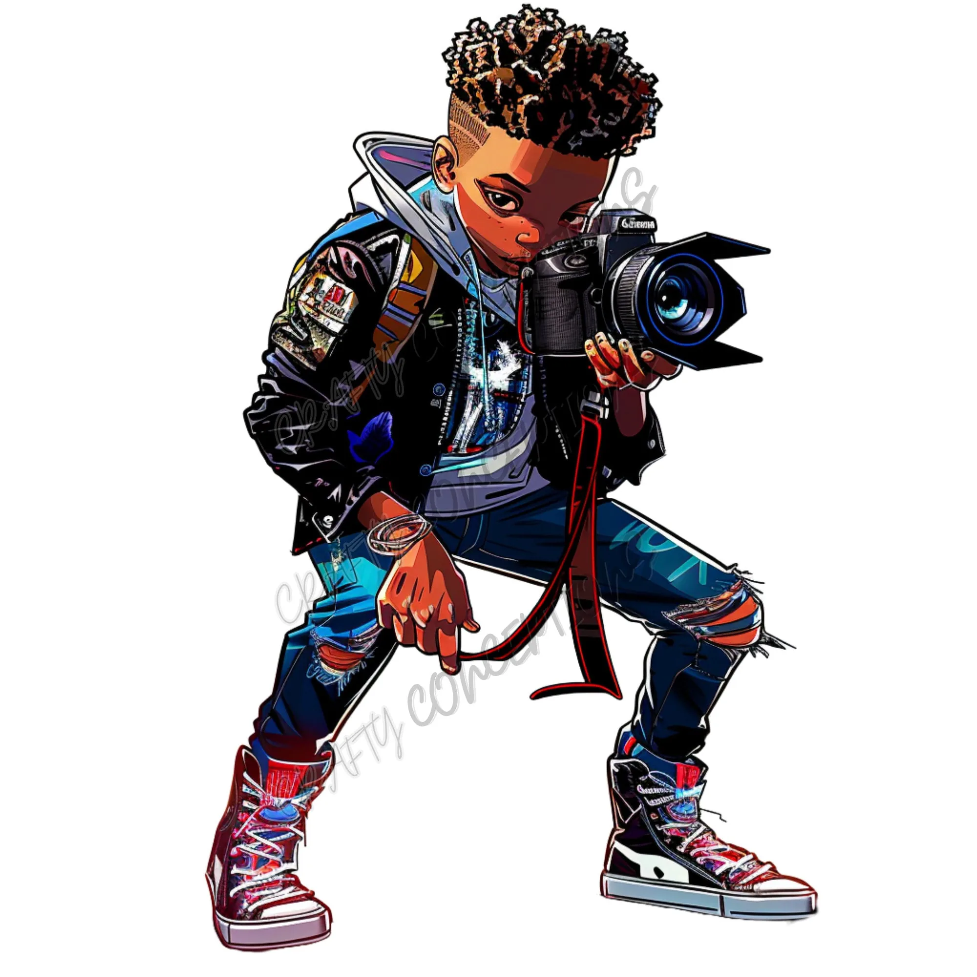 A comic-style boy in a patched leather jacket and ripped jeans crouches with a DSLR raised, cut out on plain white.