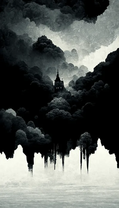 A spire rises from dense black treetops that hang upside down over pale water, painted with the bleeding edges of ink on wet paper.