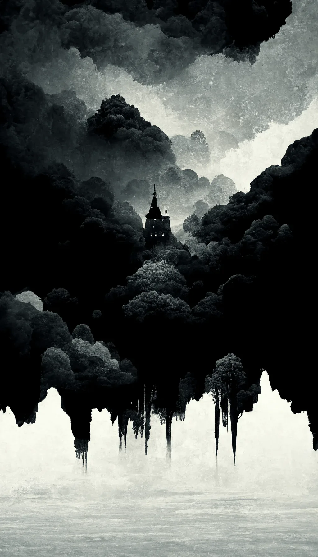 A spire rises from dense black treetops that hang upside down over pale water, painted with the bleeding edges of ink on wet paper.