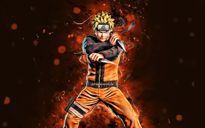 Naruto grips a kunai across his chest while orange neon streaks and sparks scatter over the dark background, leaving the corners nearly black.