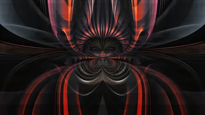 Mirrored fractal fronds open outward from a single point, deep red through the upper petals and dropping to near-black along the bottom edge.